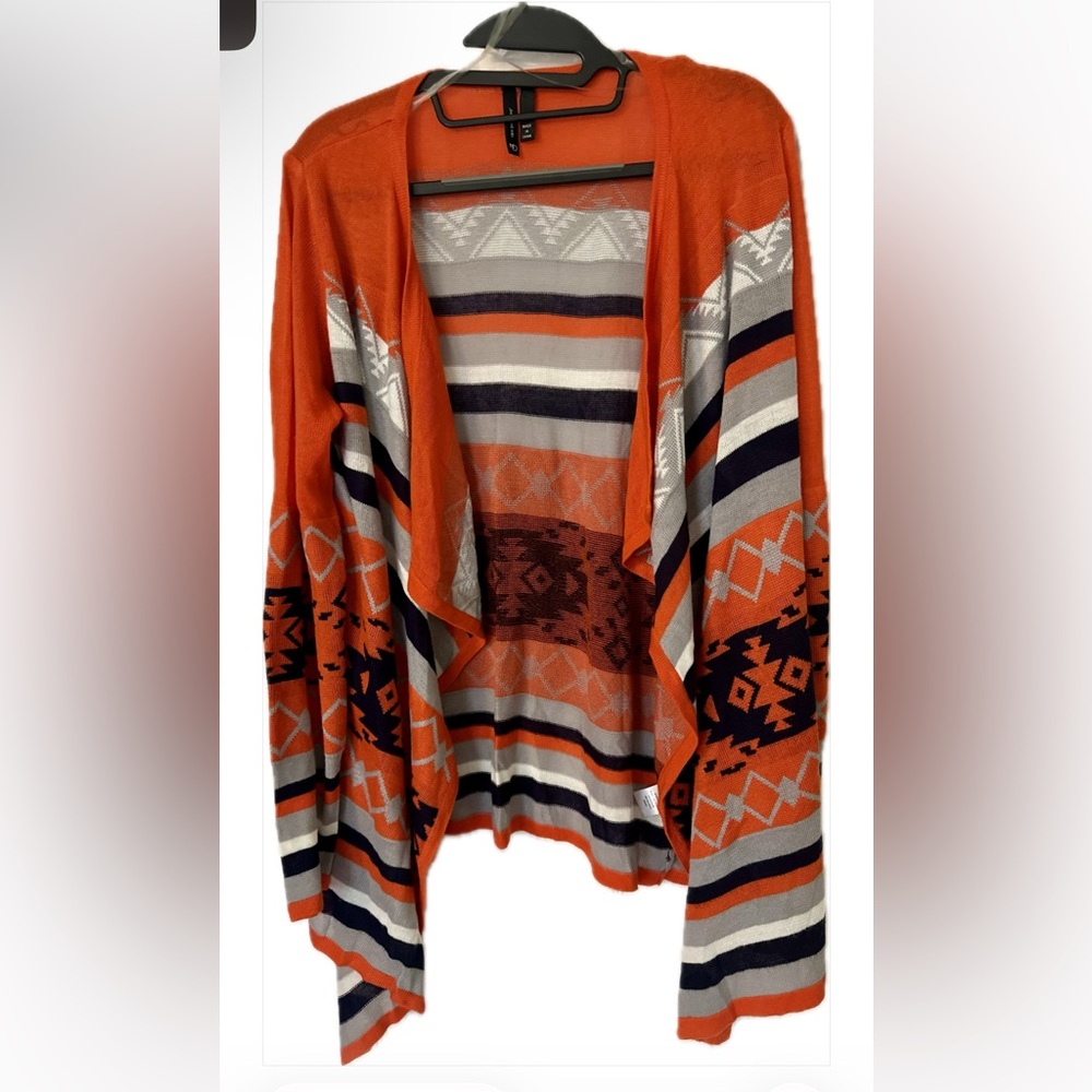 new directions Orange Aztec Open-Front Cardigan with Navy and Gray Stripes